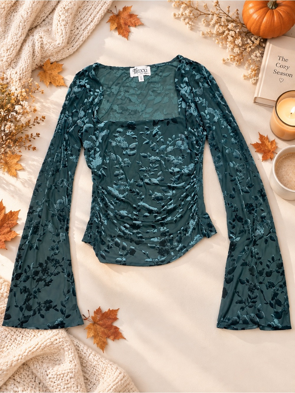 Trixxi Teal Floral Burnout Sheer Long-Sleeve Top